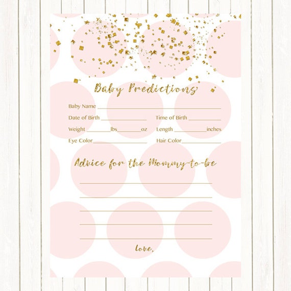 Pink and Gold Baby Predictions and Advice Card, Baby Predictions Card ...