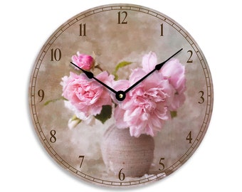 Vintage floral design 10 inch wall or kitchen clock. Pink flowers in a vase impressionist image. CL3278