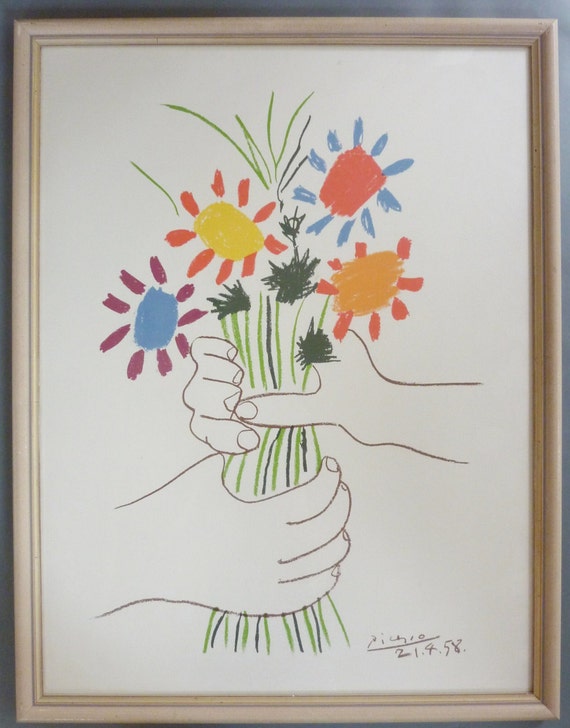 Pablo Picasso hands with bouquet 50x64cm with frame signed