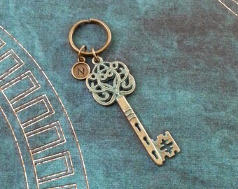 Key Keychain Bronze Skeleton Key Keyring Patina Keychain Blue Key Charm Keychain Brass Keychain Monogram Keychain Antique Key Keychain