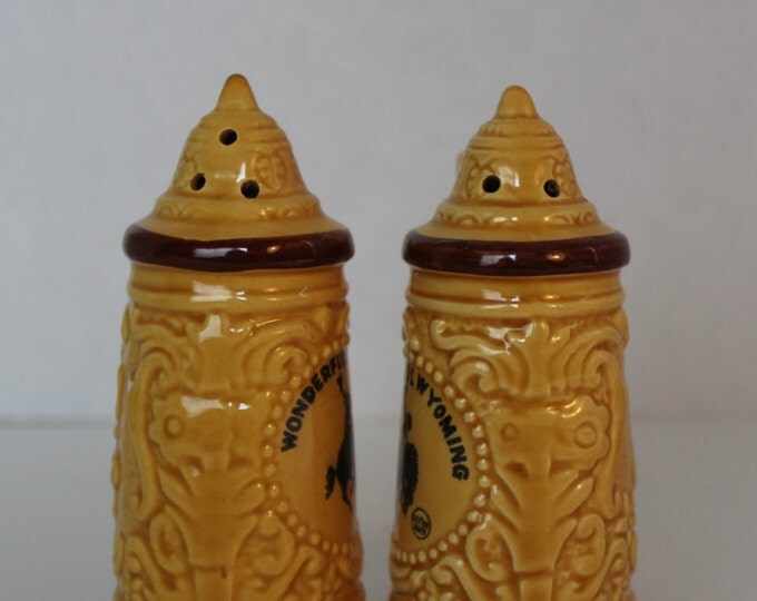 Vintage Beer Stein Salt and Pepper Shakers, Kitchen Collectible, Wyoming Souvenir