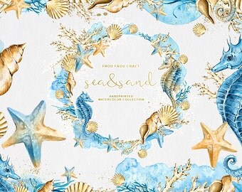 Watercolor Sea Clipart, Nautical Clipart, Seashells, Sea Horse, Coral Reef, Starfish, Summer Collage Sheet, Tropical, Blue, Navy, Sand