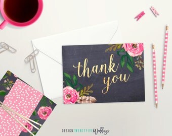 Chalkboard Floral Thank You Card | Set of 4, 10, 25 or 50 | Matte Faux Gold Foil Card | Thank You Card Set | Wedding Thank You Cards