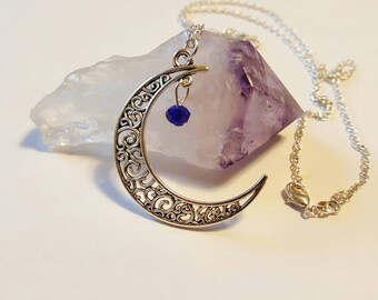 September Birthstone Necklace, Sapphire Necklace, Silver Crescent Moon Necklace, Virgo Necklace, September Birthday Gift, Libra Necklace