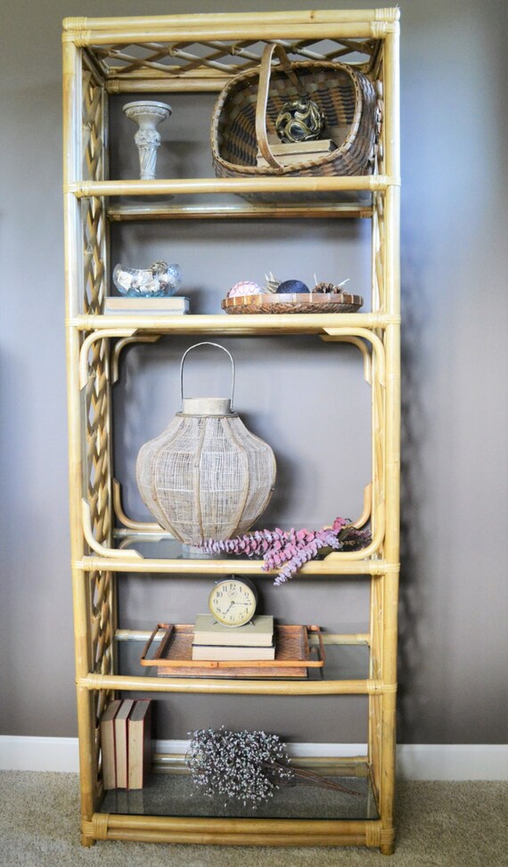 Items similar to Vintage Rattan Etagere with Glass Shelves Vintage