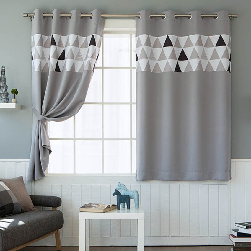 Triangles Patterned Blackout Curtains Grey Grommet Pair