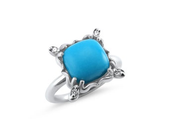 boho white gold turquoise engagement ring - Natural Arizona Sleeping Beauty Turquoise and diamond ring - Cushion Cabochon - Sleeping Beauty