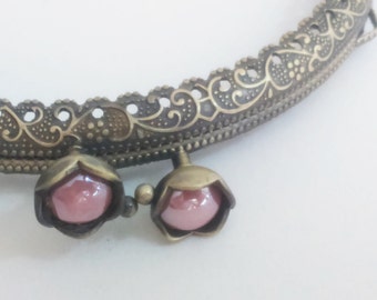 1 bronze metal purse frame with sewing holes 10,5 cm 4.1 inches, supplies, coin purse frame, pink pearl decoration