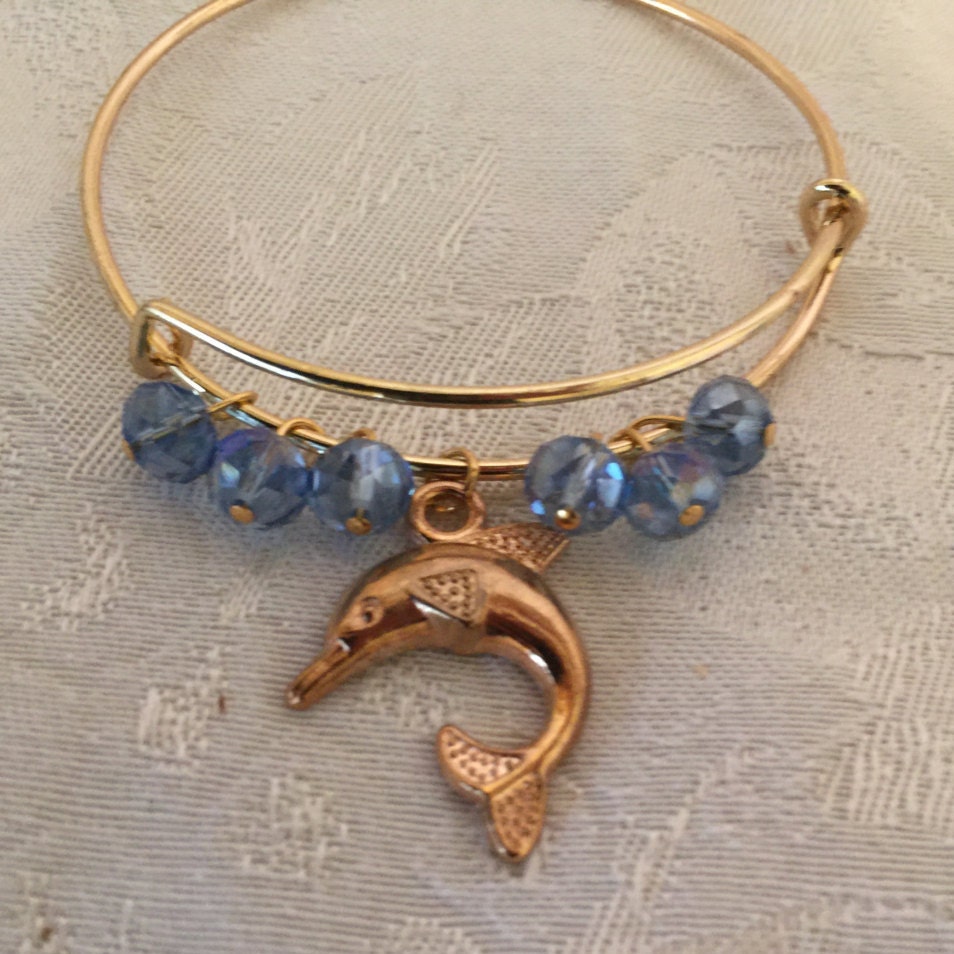 Dolphin Charm And Crystal Adjustable Wire Bangle Bracelet