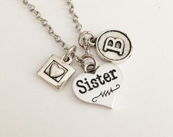 Sister necklace - initial necklace - hearyt necklace - friendship necklace - girlfriend gift