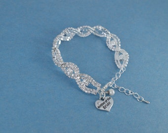 Mother of the bride bracelet in rhinestones personalized with a mother of the bride silver plated metal charm with and swarovski pearl