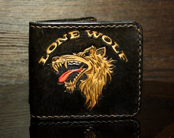 Handmade hand-carved leather wallet, men's wallet Lone Wolf
