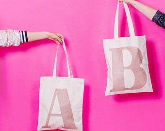 Monogrammed Tote - Canvas Tote Bag - Canvas Shopper - Everyday Bag - Shoulder Bag - Rose Gold Glitter Initial Tote Bag - Alphabet Bag