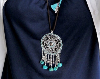 IBIZA necklace Native american necklace, Bohemian jewellery, pendant green turquoise jewelry feather charm necklace, dream catcher necklace