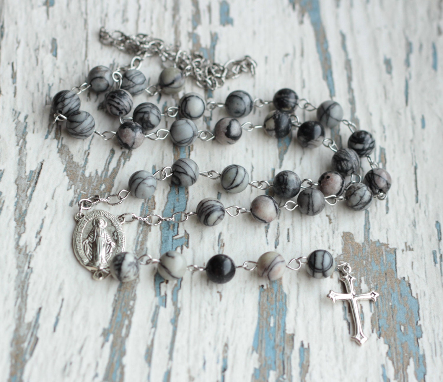 Rosaries Mens rosary necklace Black white rosary Religious
