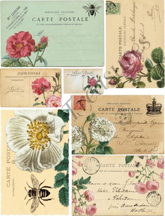Digital Vintage French Postcard Collage Printable Postcards
