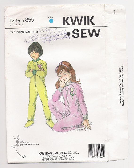 Vintage Kwik Sew children's pattern #855, sizes 4 and 6, height 41-47", chest 23-25", "Child's (footed) Sleeper", from the 1970's.