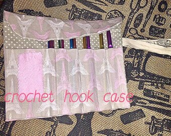 Crochet hook case tool roll handmade storage holder wallet wrap Paris Fabric organiser set kit