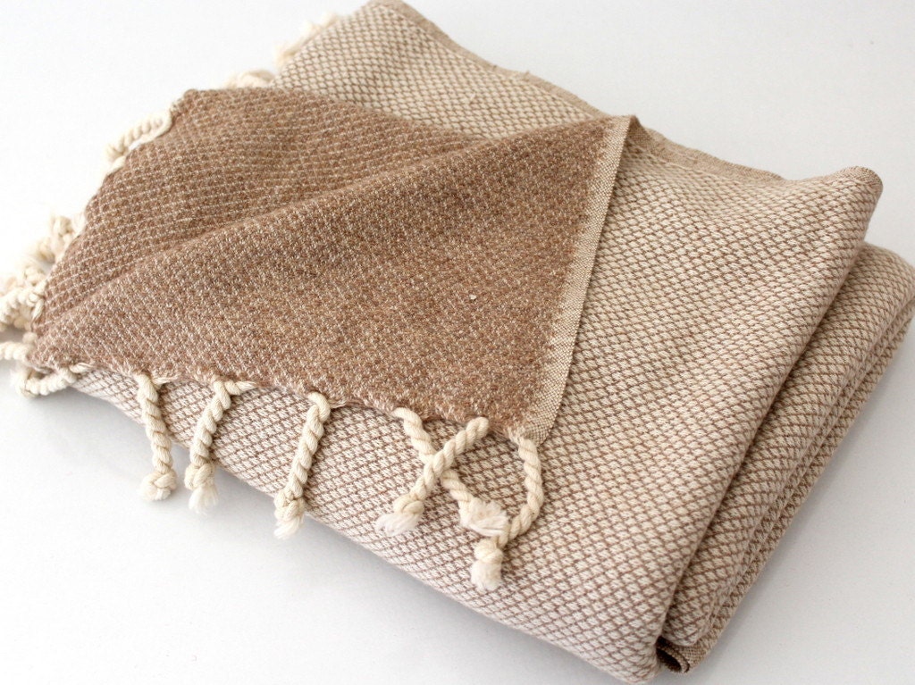 Beige Boho Blanket Throw Lambswool Cotton Throw By OnTheRainbow