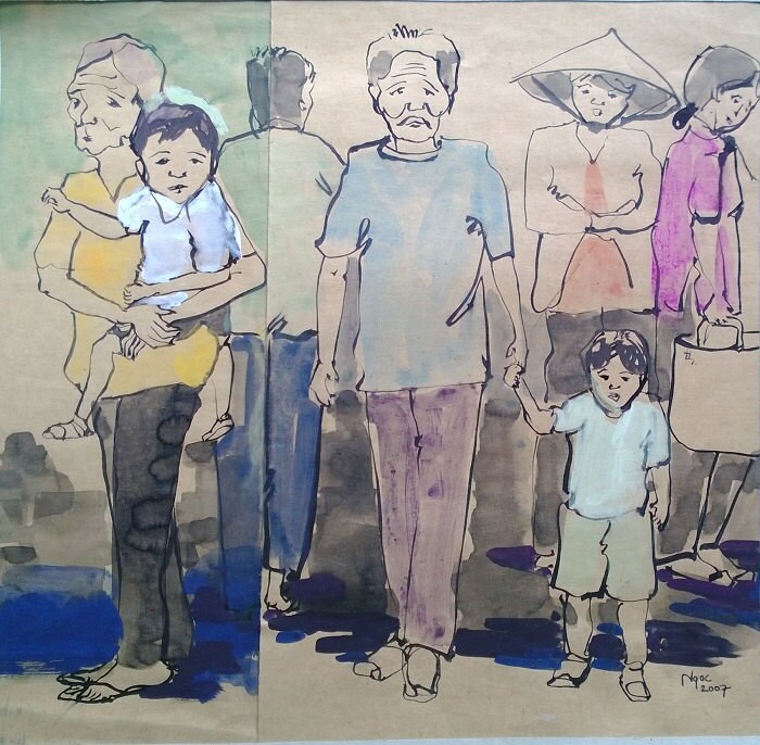 CAN THO STREETS 14x14" gouache on paper, live painting, Cần Thơ Province, original by Nguyen Ly Phuong Ngoc