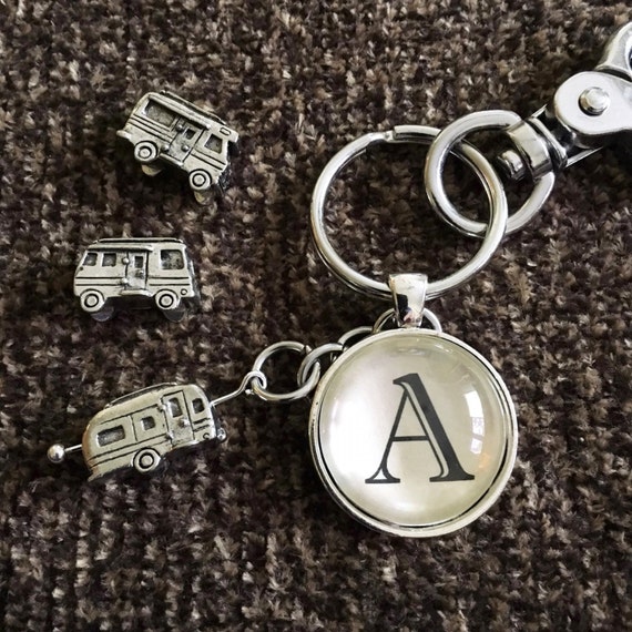 RV Keychain with Swivel Clip & Initial Cabochon by RVGems on Etsy