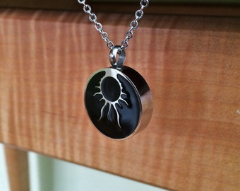 Tribal Eclipsed Sun Stainless Steel & Black Enamel Cremation Pendant | Ashes Necklace | Cremation Jewelry | Urn Necklace For Ashes 8443