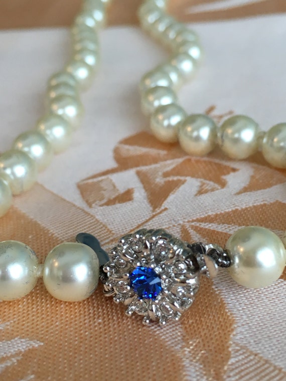 Faux Pearl Necklace with Simulated Sapphire Clasp Camrose and