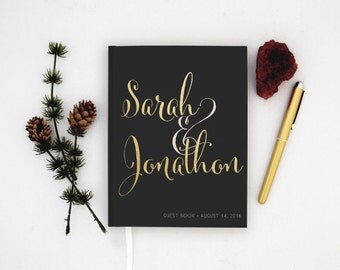 Real Gold Foil Wedding Guest Book Gold foil Guest Books Custom Guestbook Modern Wedding Script Wedding- Black