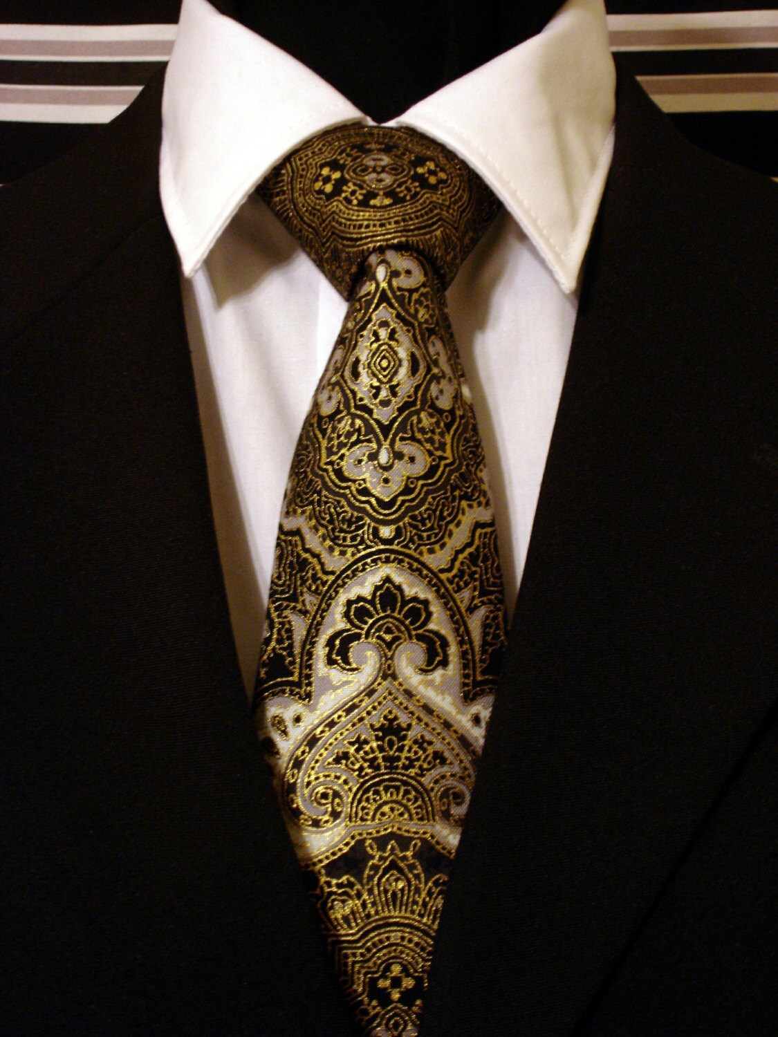 Mens Necktie Mens Tie Black Necktie Black Tie Gold White