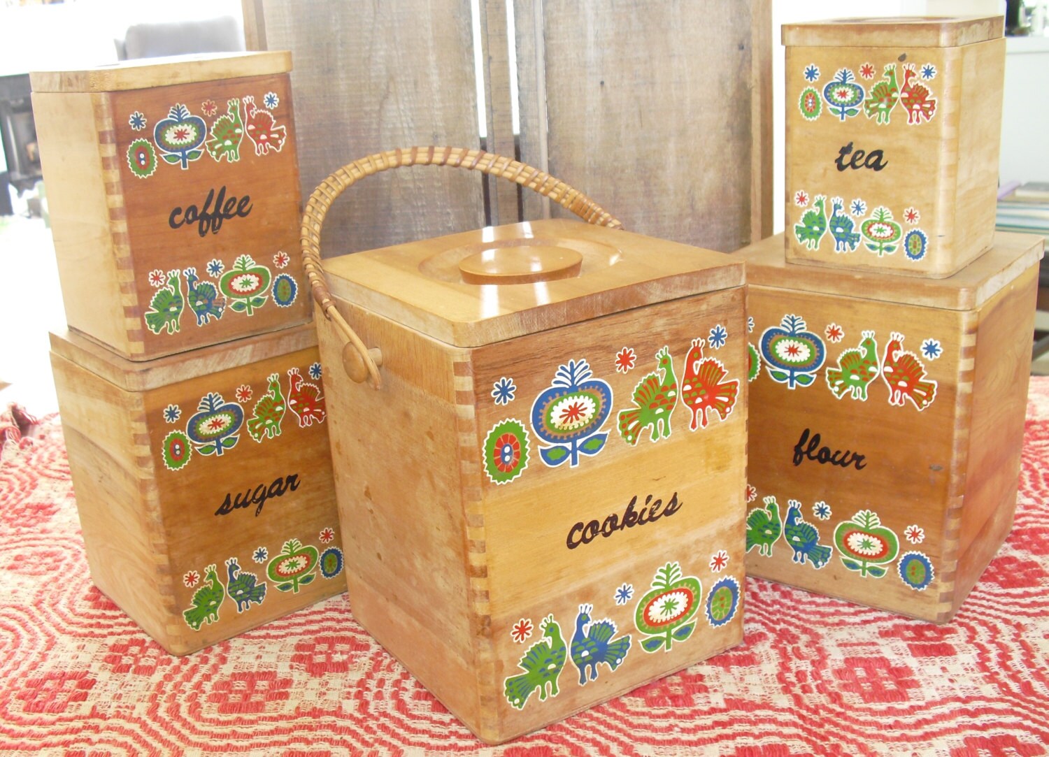 Vintage Wooden Nesting Canisters Set of 5 Kitchen Canisters