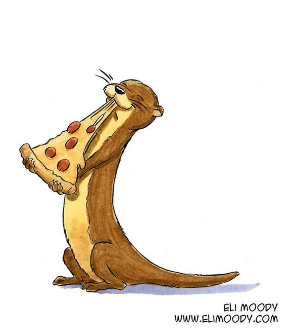 Otter eating pizza Blank greeting card featuring watercolor