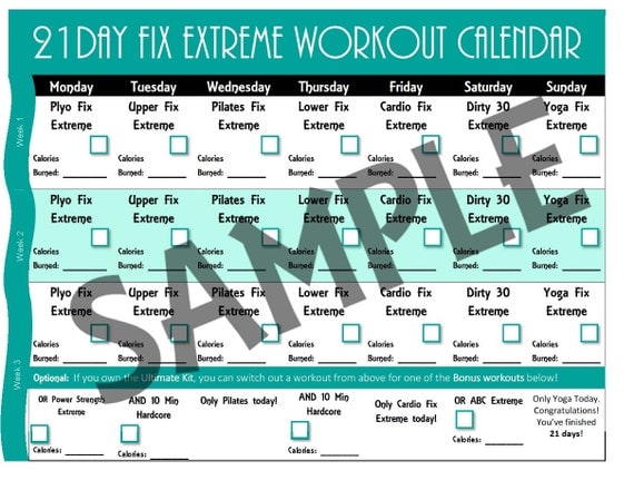 21 Day Fix Extreme Workout Schedule Calendar by 21DayFixWorksheets