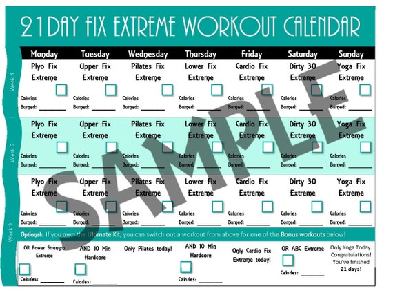 21 Day Fix Extreme Workout Schedule Calendar By 21DayFixWorksheets