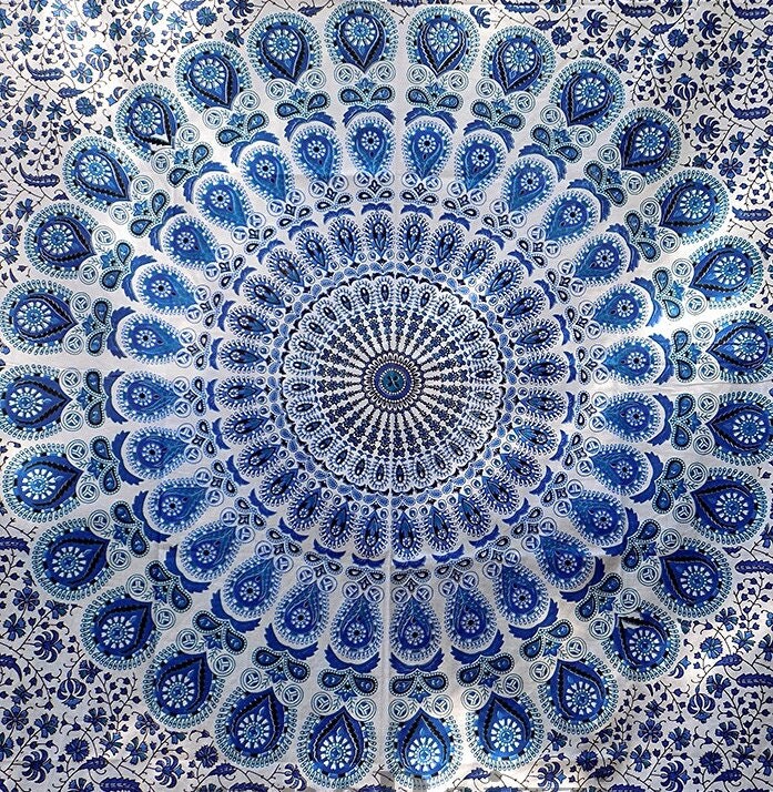 White Blue Cotton Fabric Mandala Twin Hippy by FabricSarmaya