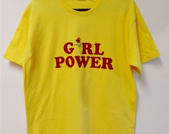 Girl Power T-shirt with Rose Print in Yellow, Roses Girl T-shirt Baby Pink and Light Blue Color Rose Shirt Unisex 100% Cotton Girls shirt