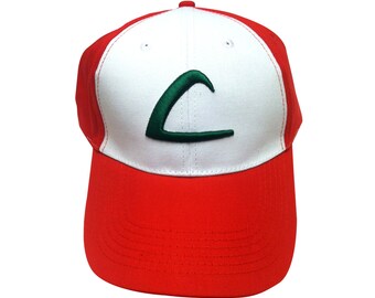 Ash Ketchum L Baseball Cap From Pokemon HIGH QUALITY Trainer Hat 3D Embroidered Original TV Show Game Go Costume Cosplay Adult White Red