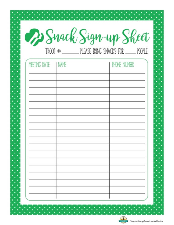 Instant Download Girl Scout Snack Signup by ScoutLeaderCentral
