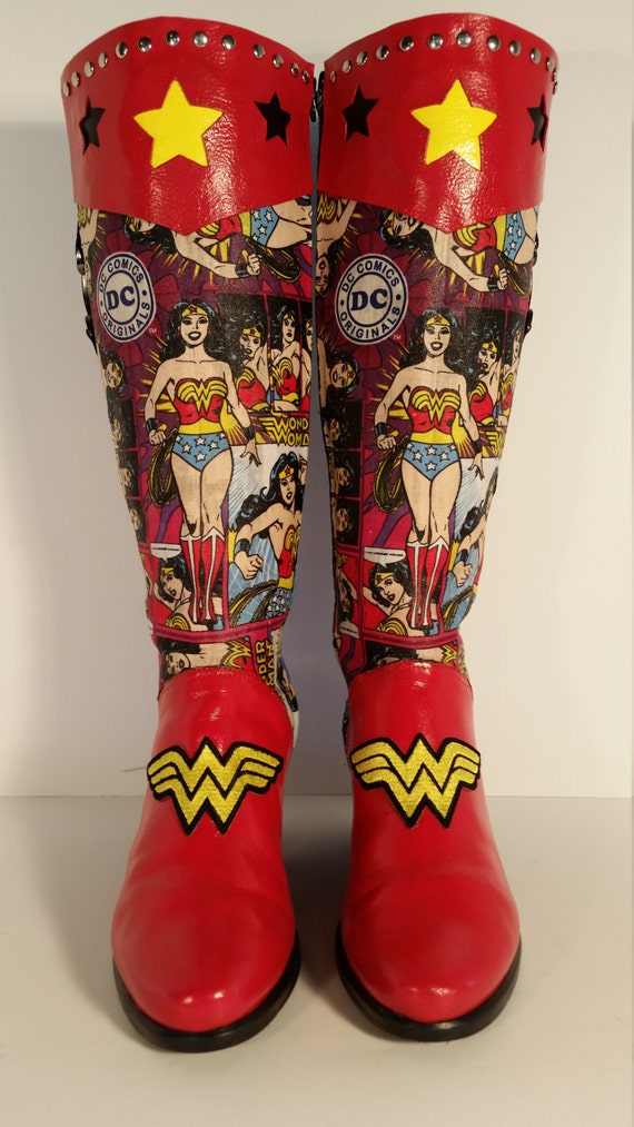 Size 8 B Upcycled Tall Wonder Woman Theme Boots in Ariat Brand