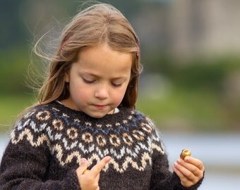 Knitting KIT // Child's Icelandic Patterned Yoke Lopapeysa Sweater Kit: HEIMA. Lopi Yarn, Original-Design Pattern Instructions, Project Bag.