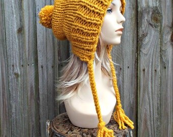 Chunky Knit Hat Women Slouchy Hat Mustard Hat Mustard Beanie - Charlotte Slouchy Ear Flap Hat - Knit Accessories - 34 Color Choices