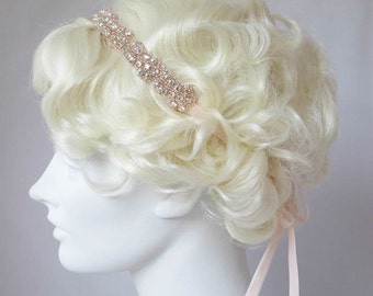 Rhinestone Headband Rose Gold And Crystal Flapper Headband, Bridal Wedding, Great Gatsby Style