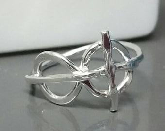 Infinity Cross Ring, Eternity Christian Faith Jewelry, Fine Silver, Rustic Sideways Cross Ring, Size 8, Handmade by Maggie McMane Designs