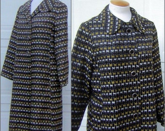 Vintage Coat Fall Weight 1960s Italian Basketweave Water Repellent Black Gold Gray - Bust 43" Mint - REDUCED