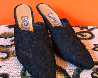 SALE Gianni Versace Shoes // Lace Heels // Black Mules // 90s Shoes // Goth // Gothic // Designer Shoes // Avant Garde // Size 36 US 5.5 6