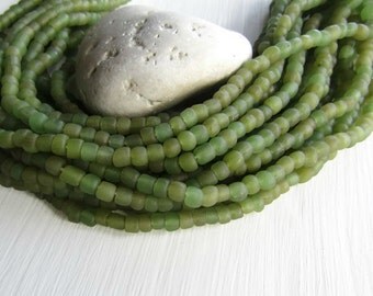 olive green glass Beads, green seed beads, matte translucent ethnic tube barrel , New Indo-pacific 3 to 6 mm (22 inches strand) 6bb1-18