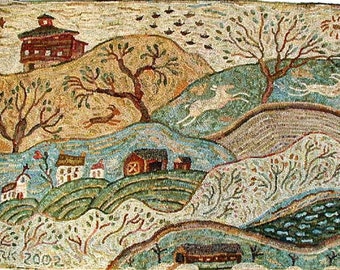 Vermont rug hooking pattern on linen//primitive landscape//Karen Kahle//barns//church//covered bridge//deer