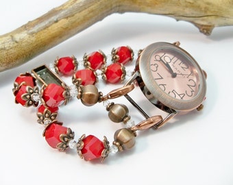 Copper Watch, Stretch Watch Band, Copper and Red Interchangeable Watch, Watch Bracelet, Copper Wrist Watch