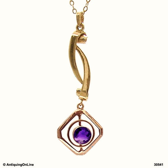 10K Retro Purple Amethyst Pendant Necklace Vintage Modernist 10K Gold Lavalier Pendant Necklace Gift for Her