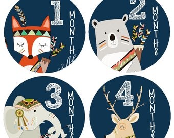 FREE GIFT, Tribal Baby Photo Prop, Woodland Monthly Baby Stickers, Month Stickers, Animals, Fox, Bunny, Elephant, Deer, Bear, Tiger