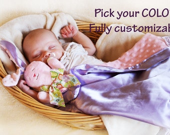Minky Bunny Rabbit Security Blanket baby blanket Lovey Blanket Satin Baby Blanket Stuffed Animal Baby Toy - Customize Colors
